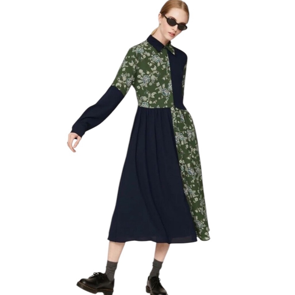 Pamela Love Navy Blue & Green Paisley Patchwork Button Front Midi Dress - S